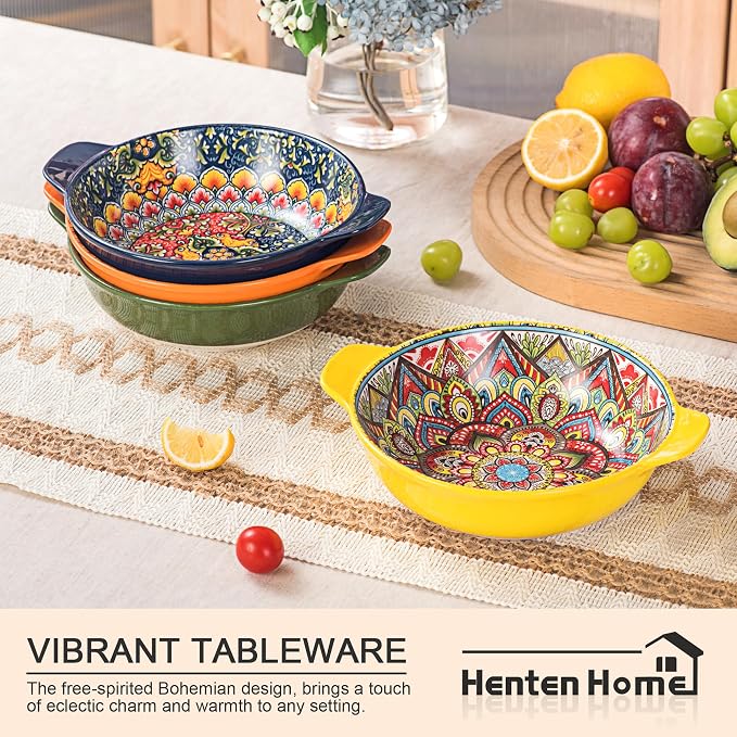 Henten Home Ceramic Pasta Bowls with Handle, Boho Salad Bowl Set of 6 | 25 oz for Cereal, Soup, Serving, Large Colorful Shallow Design, Microwave & Dishwasher Safe - Image 4