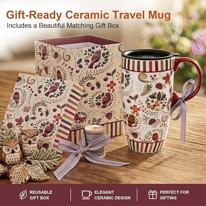 Topadorn 17oz Ceramic Travel Mug with Lid & Handle, Ceramic Coffee Mug | Woodland Forest Ceramic Coffee Mug, Nature Inspired Botanical Travel Cup, Microwave & Dishwasher Safe, Gift Box Included - Image 7