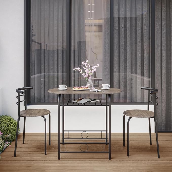 Yaheetech 3 Piece Dining Table Set, Kitchen Table & Chair Sets for 2, Compact Bistro Table Set with Steel Legs, Built-in Wine Rack for Small Space, Apartment, Breakfast Nook, Drift Brown - Image 8