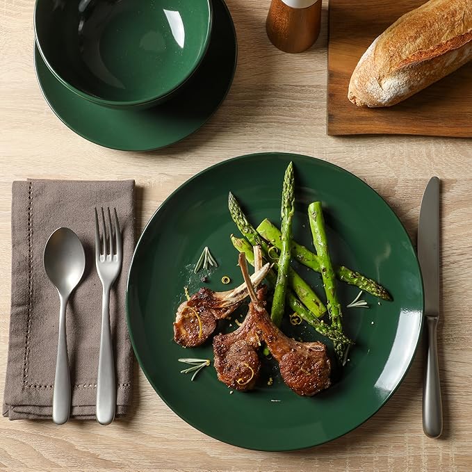 Gibson Home Simple Essential (Service for 4) 12 Piece Plates and Bowls Porcelain Solid Color Dishes Ceramic Dinnerware Set - Hunter Green - Image 3