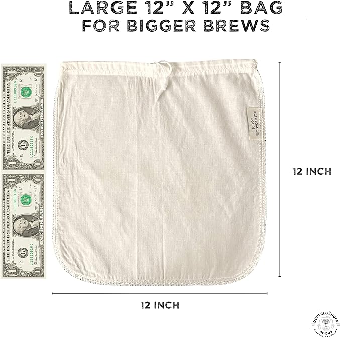 (1-Pack, Large 12in x 12in) Organic Cotton Cold Brew Coffee Bag - Designed in California - Reusable Coffee Filter with EasyOpen Drawstring Cold Brew Maker for Pitchers, Mason Jars, & Toddy Systems