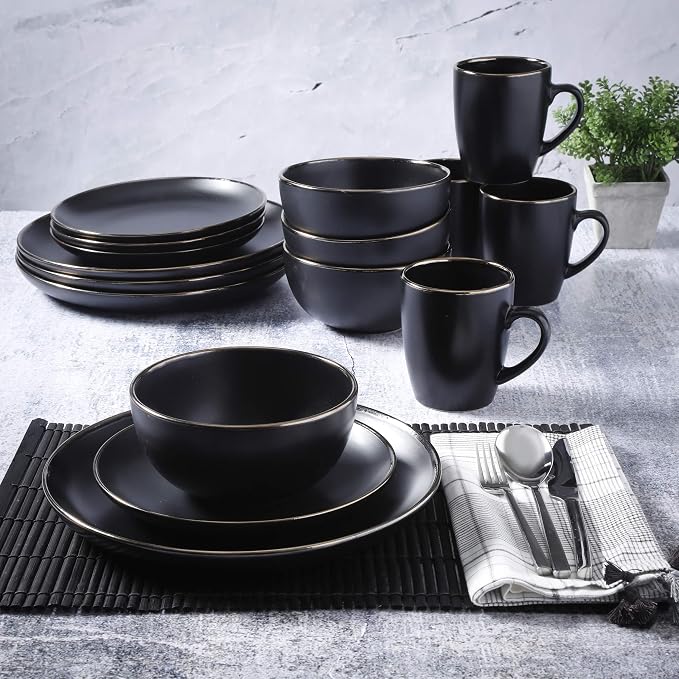 Gibson Home Rockaway 16-Piece Round Stoneware Dinnerware Set, Service for 4 – Black with Gold Rim Plates and Bowls, Microwave & Dishwasher Safe - Image 5