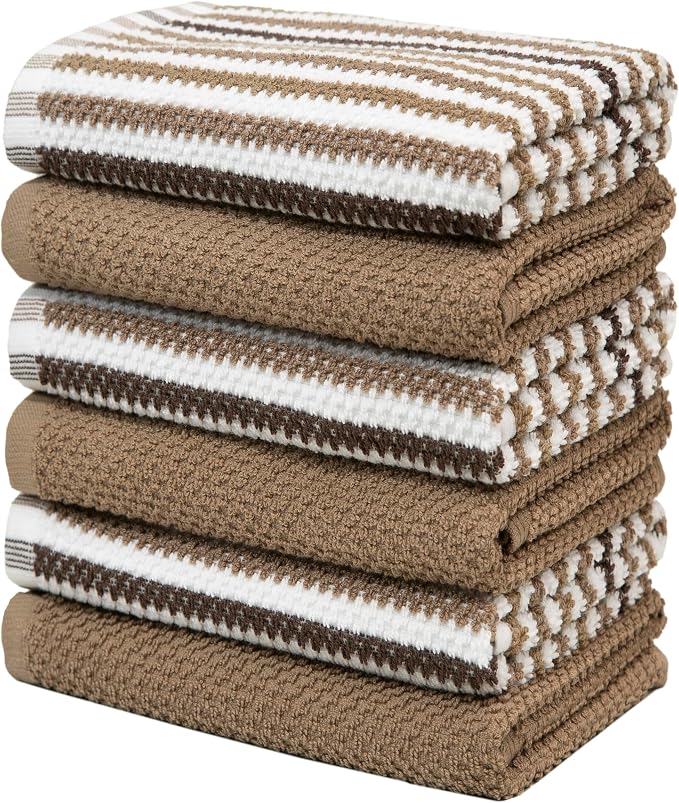 Bumble Kitchen Towels 6 Pack 100% Cotton 16"x26" - Tan Wide Stripe | 430 GSM Soft Kitchen Hand Towels with Hanging Loop, Highly Absorbent & Durable for Washing and Drying Dishes - Image 5