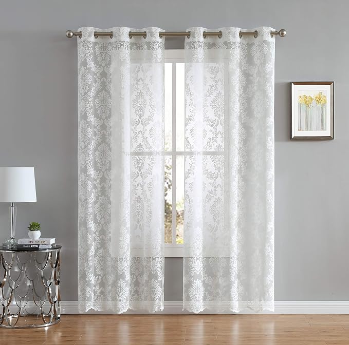 LinenZone Pair of 2 Knitted Lace Curtain Panels with Scalloped Bottom. Elegant Farmhouse Lace Curtains for Living Room, Bedroom, or Dining Room. (Lisa 38 x 63, Ivory) by LinenZone