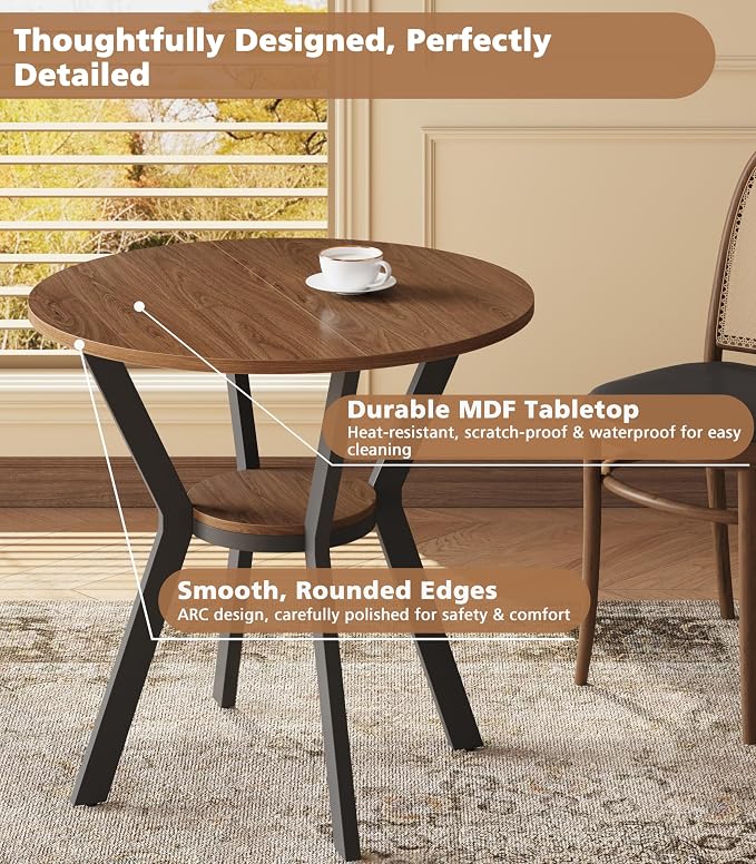MECHYIN 31.5" Round Dining Table for 2-4, Farmhouse Small Kitchen Table with Storage, Space Saving Circle Table, Rustic Wood Dining Room Tables with Metal Legs for Kitchen, Dining Room, Apartment - Image 4