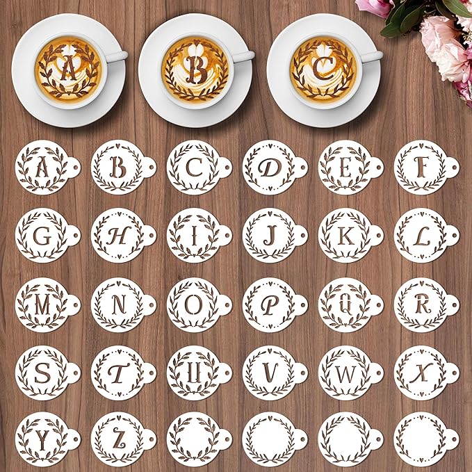 Keluna Coffee Latte Art Stencils - 30 Pcs Letters Alphabet Baking Stencils for Coffee Latte Art Sour Dough Bread Cake Cookie Decorating