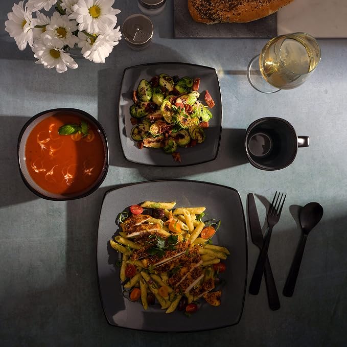 Gibson Elite Soho Lounge Square Reactive Glaze Stoneware Dinnerware Set, Service for 4 (16pc), Eclipse - Image 2