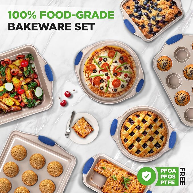 NutriChef 10-Piece Nonstick Bakeware Set - Premium Carbon Steel Baking Pan Set w/Heatsafe Silicone Handles, Includes Pizza Crisper, Loaf Pan, 12 & 24 Cup Muffin Pans, Cake Pans, Cookie Sheets - Image 5