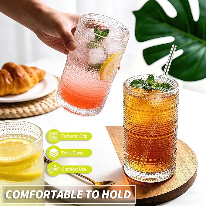 Large Hobnail Drinking Glasses with Straws, 16 oz/480 ml, 6 Pack | Vintage Hobnail Glassware Highball Glasses for Cocktail, Juice, Whiskey, Beer, Milk and Various Mixed Drinks - Image 4