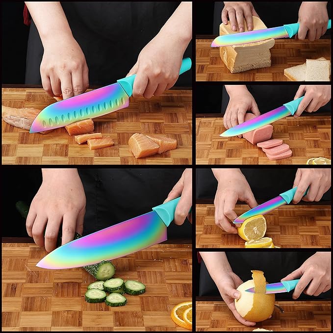 Marco Almond Kitchen Knife Set 12PC Rainbow Steel Knife Set w Cover | 6 Knives with 6 Blade Guards,Rainbow Stainless Steel Knives Set for Kitchen, Anti-Rust,Ergonomic Handle,Full Tang,Gift Box - Image 6
