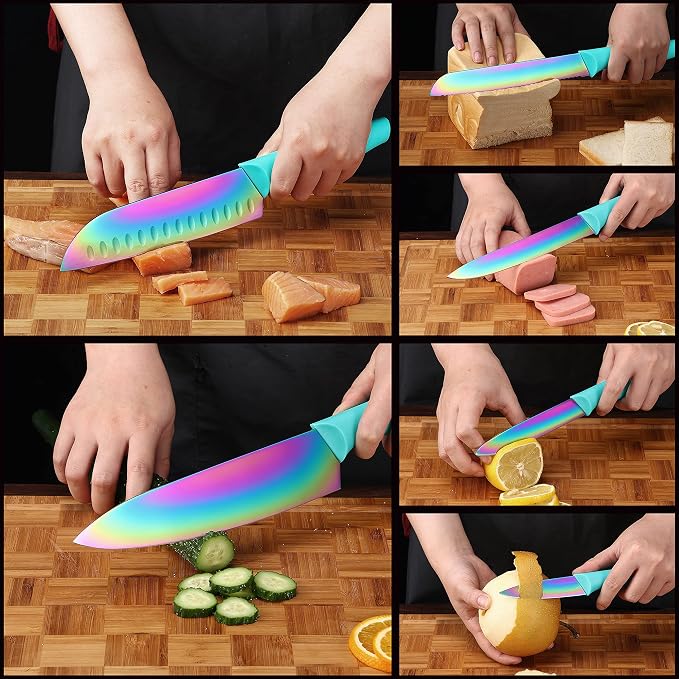 Knife Set with Spoons, KYA37B Knife Sets with Blade Guards and Measuring Spoons, Marco Almond® Rainbow Color 17-Piece Stainless Steel Kitchen Knives Set with Covers | 6 Knives w 6 Blade Guards&Spoon Steel Knife Set for Kitchen, Anti-Rust,Ergonomic Hand... - Image 6