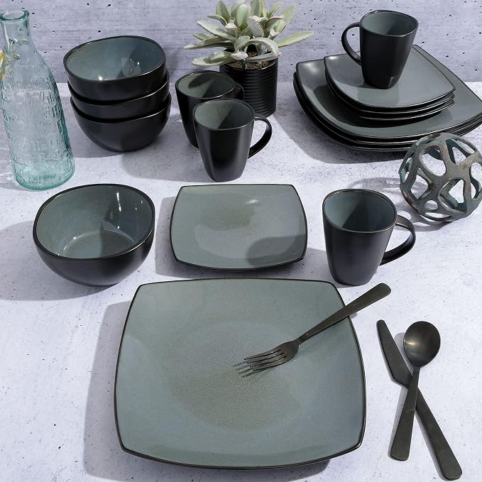 Gibson Elite Soho Lounge Square Reactive Glaze Stoneware Dinnerware Set, Service for 4 (16pc), Eclipse - Image 3