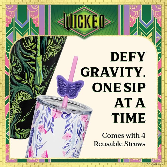 Dragon Glassware x Wicked: For Good Tumbler, 24 oz 2-Pack - Shadows | Set of 2 Vacuum Insulated Stainless Steel Wicked Cups with Lids & Straws; With Straw Charm; Official Wicked Merch - Image 4