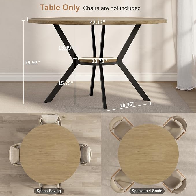 MECHYIN 42'' Round Dining Table for 2–4, Farmhouse Round Kitchen Table with Storage Shelf, Pedestal Dinner Table, Wood Top & Metal Base, Small Space Table for Apartment, Dining Room, Light Oak - Image 2