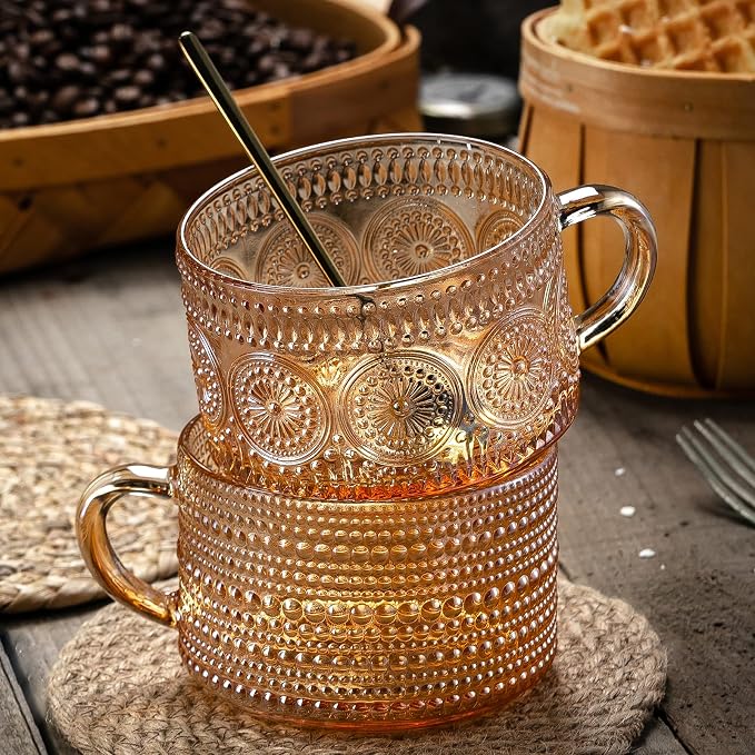 Gezzeny Vintage Coffee Mugs 14 Oz Set of 2 Amber Embossed Glass Tea Cups for Cappccino, Latte,Cereal, Yogurt, Beverage Christmas Thanksgiving Day Gifts - Image 5