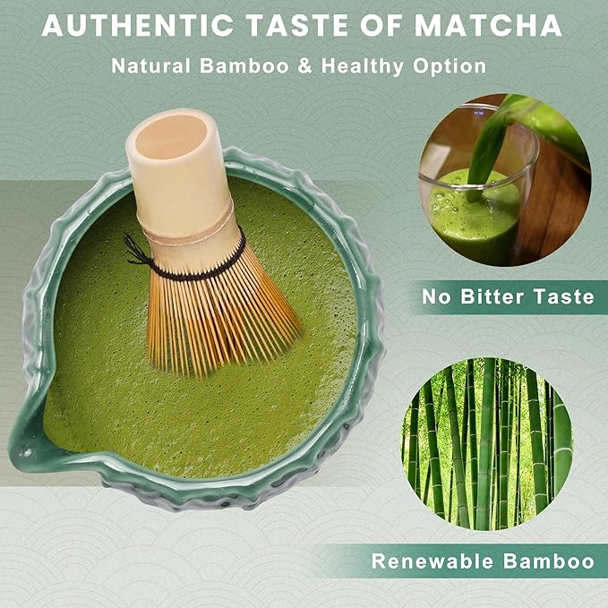 6-Piece Matcha Set, Matcha Whisk (Chasen) & Holder, Matcha Bowl with Spout, Sifter & Spoon, Bamboo & Ceramic, Dark Green