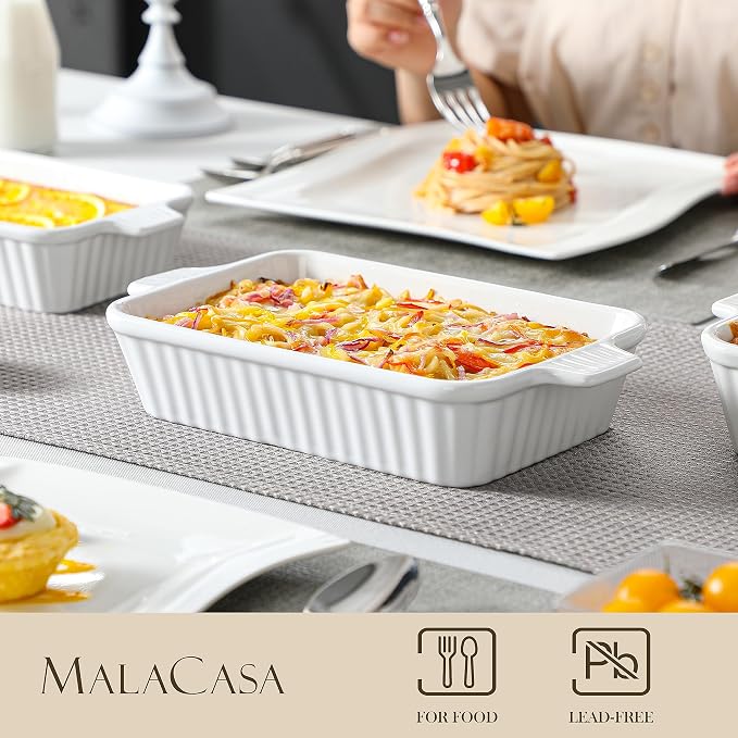 MALACASA Casserole Dishes for Oven, Ceramic Baking Dishes Set of 4, White | Rectangular Deep Lasagna Pans with Handles for Roasting Vegetable, Cake, Durable Bakeware, Wedding Gift(9.4/11.1/12.2/14.7") - Image 4