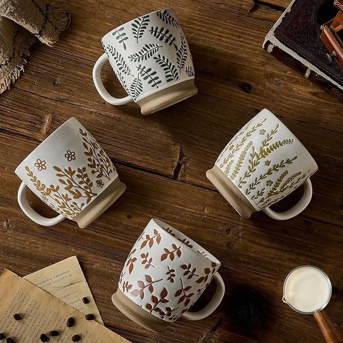 18 Oz Large Ceramic Coffee Mug Set of 4 - Rustic Handmade Floral Mugs with Handle, Microwave Safe for Latte Espresso Cappuccino Tea Cocoa Milk, Modern Unique Big Cups for Kitchen Women - Image 3