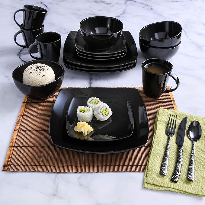 Gibson Elite Soho Lounge Square Reactive Glaze Stoneware Dinnerware Set, Service for 4 (16pc), Black - Image 6
