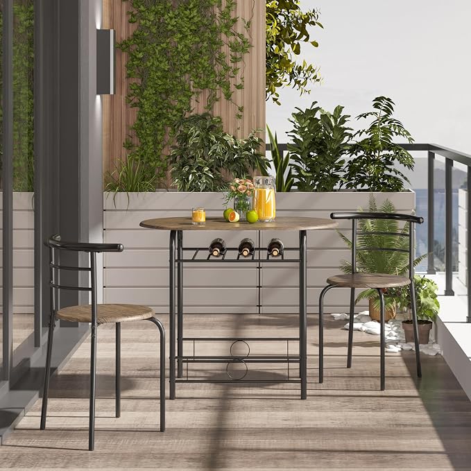 Yaheetech 3 Piece Dining Table Set, Kitchen Table & Chair Sets for 2, Compact Bistro Table Set with Steel Legs, Built-in Wine Rack for Small Space, Apartment, Breakfast Nook, Drift Brown - Image 5