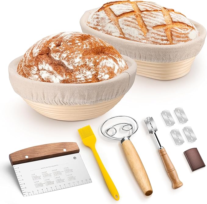TeamFar Sourdough Bread Baking Supplies, 9” Round & 10” Oval Bread Proofing Basket Set with Liner, Sourdough Starter Kit for Bread Making, Bread Lame/Whisk/Dough Scraper/Basting Brush