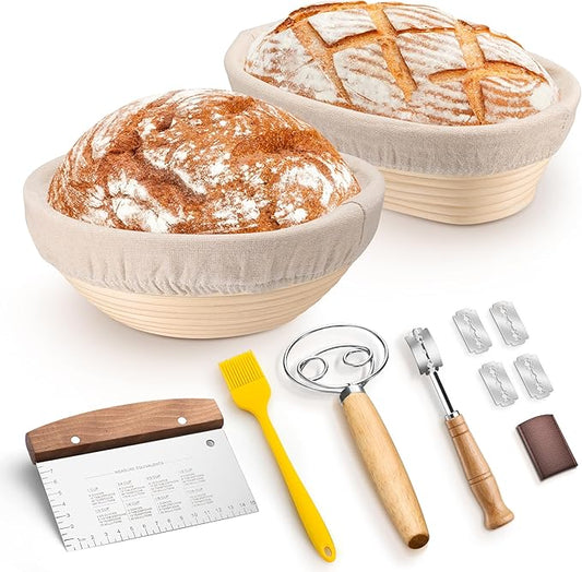 TeamFar Sourdough Bread Baking Supplies, 9” Round & 10” Oval Bread Proofing Basket Set with Liner, Sourdough Starter Kit for Bread Making, Bread Lame/Whisk/Dough Scraper/Basting Brush