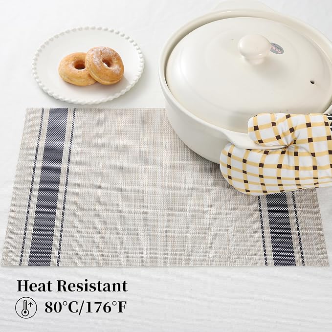 Leetaltree Khaki-Blue Placemats, Heat Resistant Non-Slip Place mats for Dining Table, Washable Durable PVC Vinyl Woven Table Mats (Set of 4) - Image 5