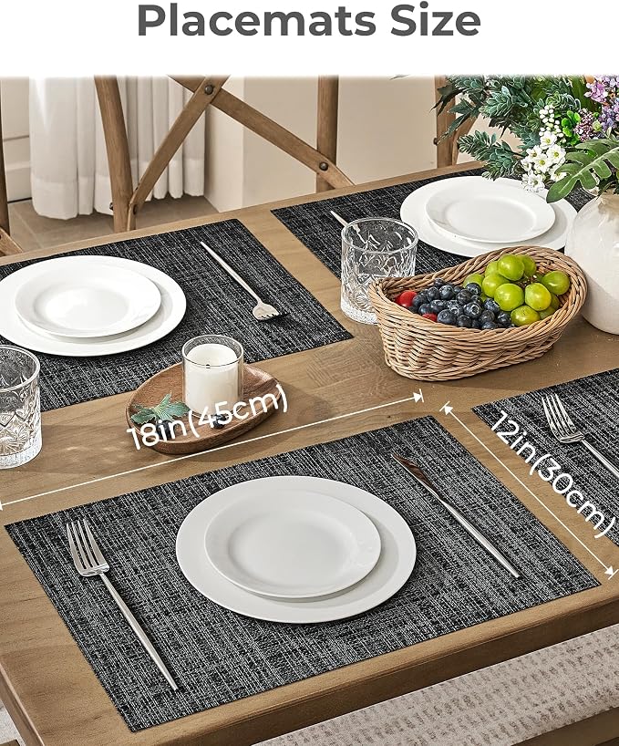 Leetaltree Black and Grey Woven Placemats Set of 12 - Heat Resistant Non-Slip Place mats for Dining Table, Washable Durable PVC Vinyl Woven Table Mats(Black & Grey, 12) - Image 4