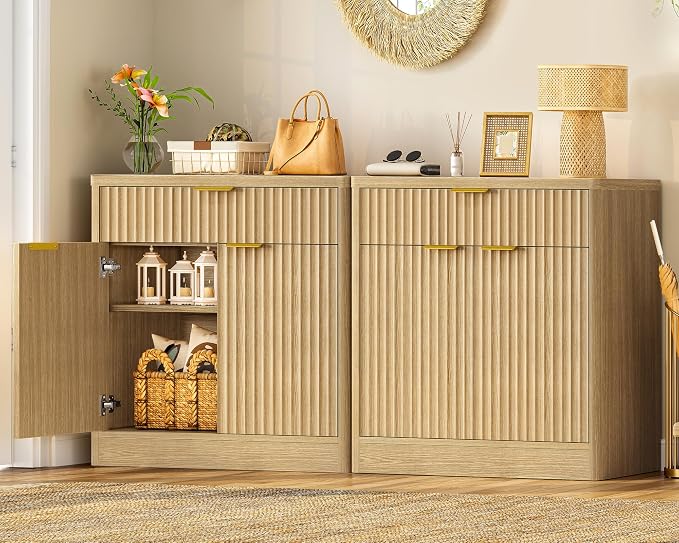 TEENFON 31.5" W Storage Cabinet with Drawer and Adjustable Shelf, Coffee Bar Cabinet, Fluted Sideboard Buffet Cabinet with 2 Doors for Living Room, Kitchen, Entryway, Natural - Image 4