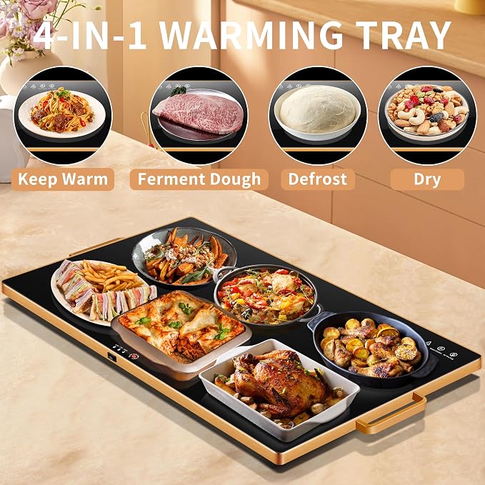 Warming Trays for Buffets Party, 32"x18", Tempered Glass Food Warmer, Black | Keep Food Warm, Gold Handles Food Warming Mat for Daily Use, With Thermostat, Button Temperature Control, Full Surface Warm - Image 3