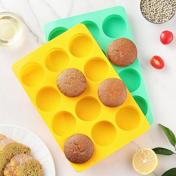 2PCS Molds Silicone, HIA Round 12-Cavity Chocolate Cookie Candy Silicone Mold, Baking Molds for Oreo, Chocolate, Cookie, Candy, Mini Cake, Jelly (Yellow+ Green)
