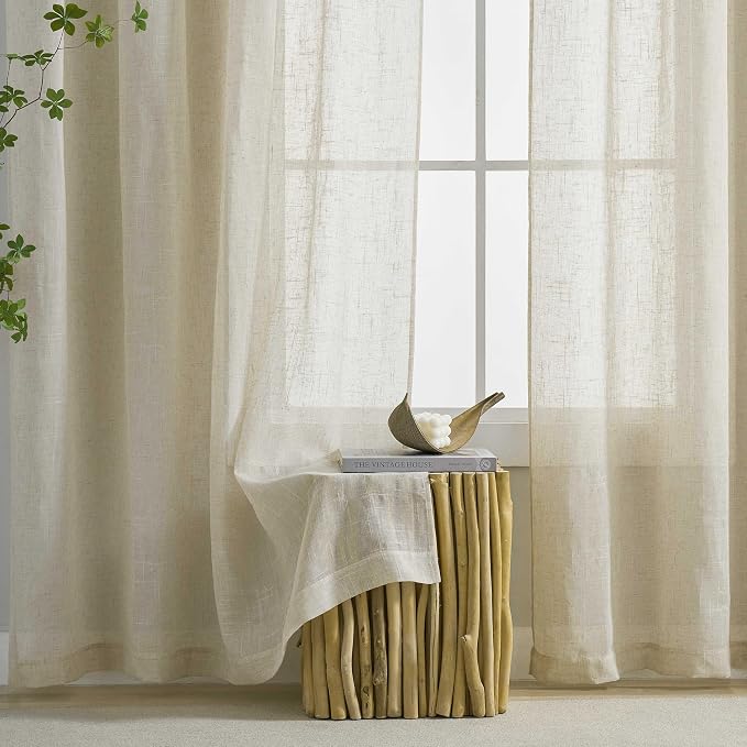 Home Brilliant Linen Blend Semi Sheer Curtains for Kitchen Window, Half Beige Panels, 54 x 45 inch Long, Set of 2 - Image 4