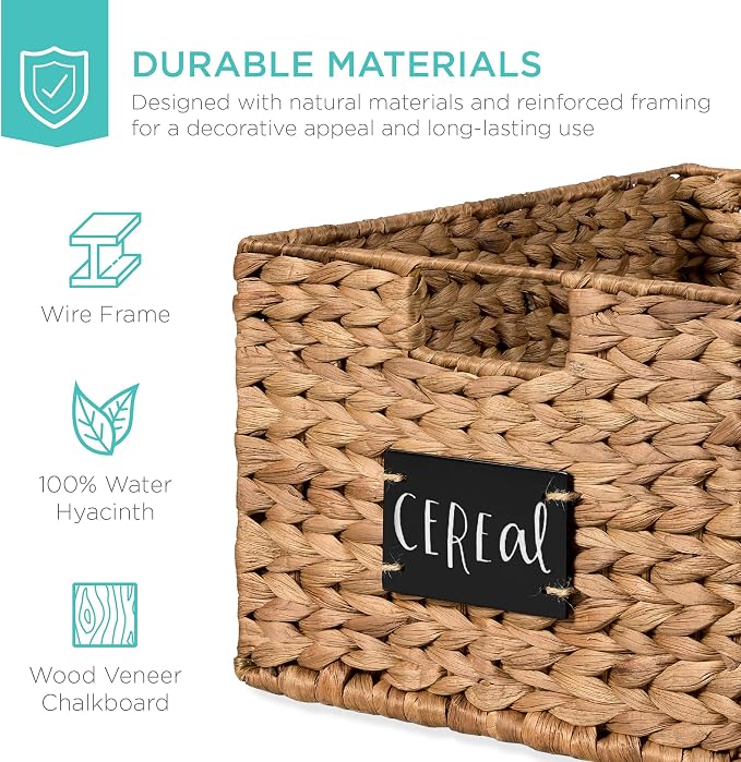Best Choice Products Pantry Baskets Set of 2 16x12in Water Hyacinth Storage Baskets, Woven Wicker Kitchen Organizers with handles w/Chalkboard Label Chalk Marker - Chestnut - Image 5