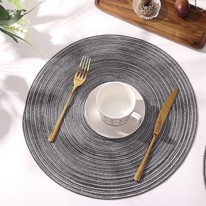 SHACOS Round Placemats Set of 4 Round Braided Placemats 15 inch Cotton Polyester Woven Table Placemats for Dining Table Holiday Party (Black Grey, 4) - Image 9