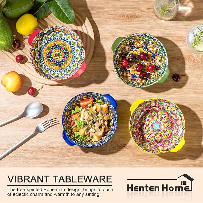 Henten Home Ceramic Soup Bowls Set, 14 oz Cereal Bowl Set of 6, Small Dessert Bowls with Handle, Boho Serving Bowls Set for Kitchen, Snack, Salad, Microwave & Dishwasher Safe - Image 5