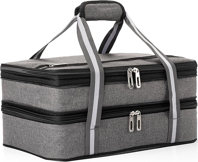 Stack Store Plus More Insulated Casserole Carrier for Hot or Cold Food, Lasagna Holder for Picnic, Potluck, Cookout - Fits 9” x 13” and 11” x 15” Baking Dish – Expandable Double Thermal Bag in Gray by STOZU