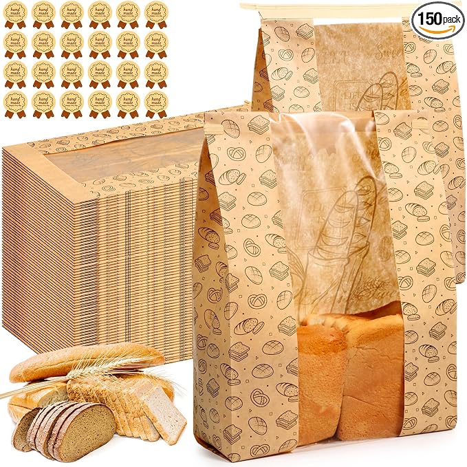 Feifeiya 150 Pack Kraft Paper Bread Bags for Homemade Sourdough Bread Bag with Clear Window 13.7 x 8.2 x 3.5 Large Bakery Packaging for Treat Storage Gift Giving with Seal Sticker by Feifeiya