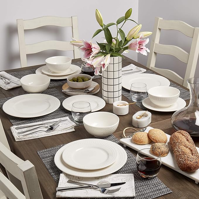 Tabletops Gallery Embossed White Porcelain Round Dinnerware - Bloom 12 Piece Dinnerware Set - Image 4