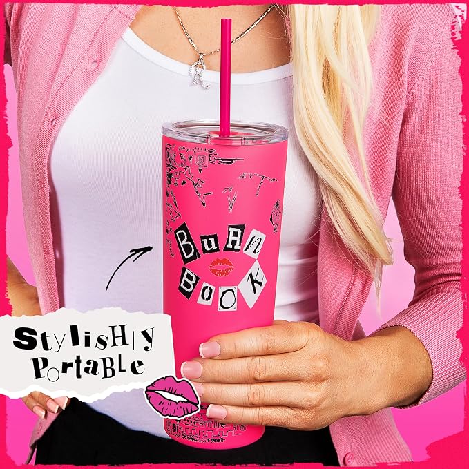Dragon Glassware x Mean Girls Burn Book Tumbler with Straw & Lid, 24 oz | Vacuum Insulated Stainless Steel Tumbler with Straw & Lid; Double Walled Tumbler; Official Mean Girls Cup - Image 4