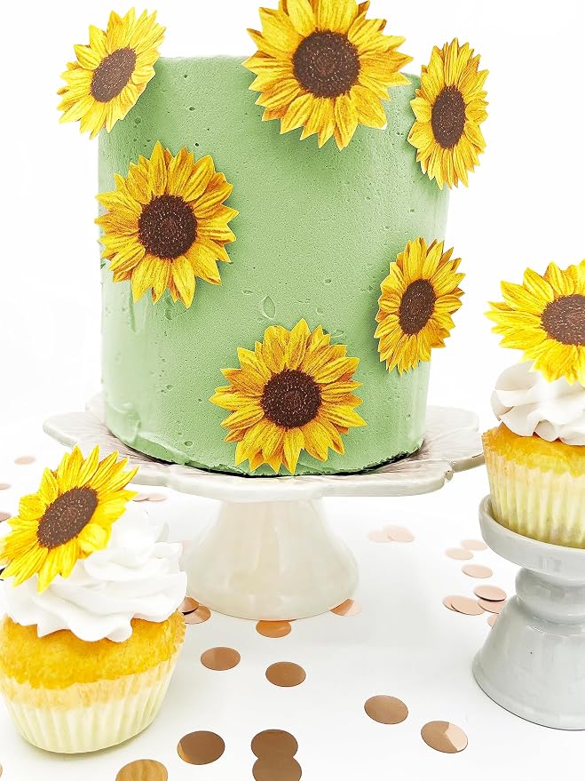 Sugar Robot inc - Edible Wafer Sunflowers for cake decorating - Large Size - Edible flowers cake decorations - Premium Crafted - Made in the USA Cake -Set of 12 (Sunflowers) by SugarRobotInc