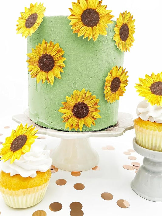 Sugar Robot inc - Edible Wafer Sunflowers for cake decorating - Large Size - Edible flowers cake decorations - Premium Crafted - Made in the USA Cake -Set of 12 (Sunflowers) by SugarRobotInc