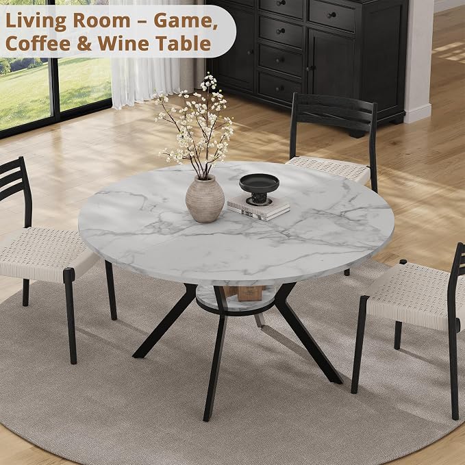 42" Round Dining Table for 2-4, Modern Kitchen Table with Faux Marble Tabletop & Metal Legs, Space Saving Circle Table with Storage, Wood Kitchen & Dining Room Tables for Kitchen Dining Room - Image 7