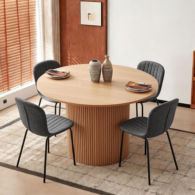5 Piece Round Dining Table Set for 4, Mid Century Modern Wooden Kitchen Table and Chairs, Space-Saving Small Dinette Set (47 Inch Oak Table+4 Grey Chairs) - Image 5
