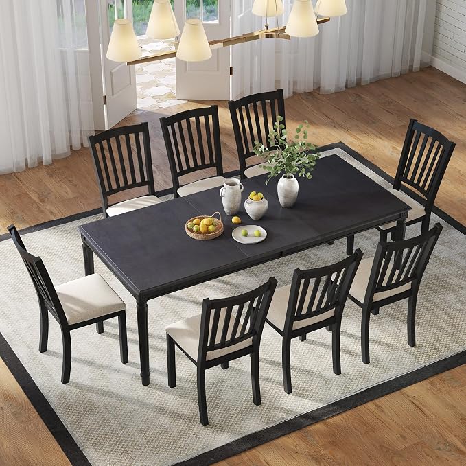 AMERLIFE 9 Piece Farmhouse Dining Table Set with 79" Rubberwood Table, Grey | Solid Rubberwood Frame, 8 Upholstered Chairs, Roman Conical Legs, Seating for 8 - Image 8
