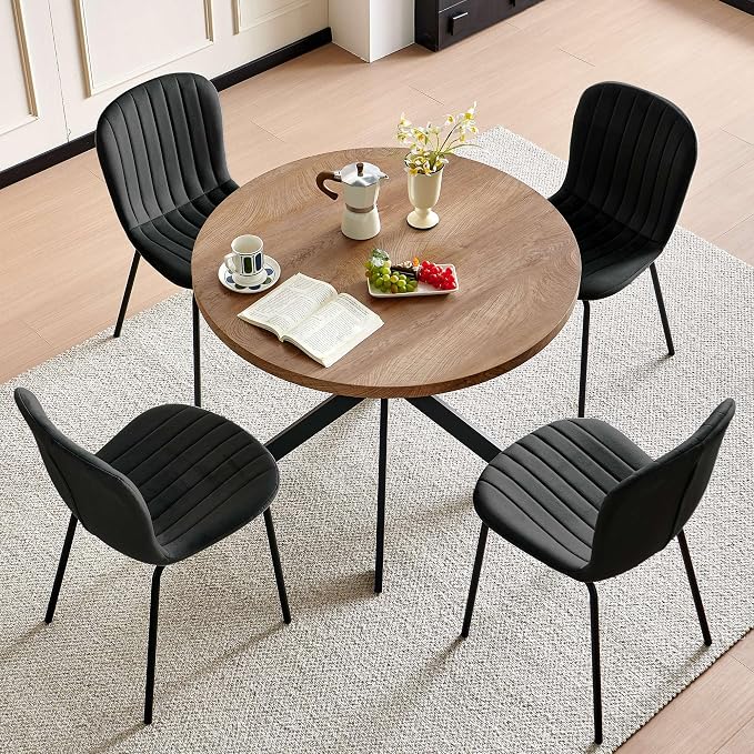 37 Inch Round Dining Table Set for 4, Modern Small Circle Kitchen Coffee Set for Apartment Living Room Office, Save Space(1 Imitation Wooden Table + 4 Black Velvet Chairs) - Image 6