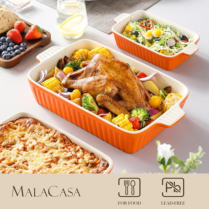 MALACASA Casserole Dishes for Oven, Ceramic Baking Dishes Set of 4,Orange | Rectangular Lasagna Pans Bakeware for Roasting Vegetable, Gratins, Gift Set, Oven Dishwasher Safe (9.4/11.1/12.2/14.7") - Image 3