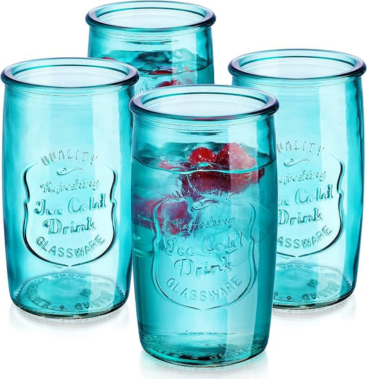 Glaver's Highball Glasses Set of 4 – 20oz Artistic Ice-Cold Pretty Blue – Vintage Glassware with Embossed Logo – Beverage Drinking Glasses for Water, Juice, Cocktails. Hand Wash. by Glavers