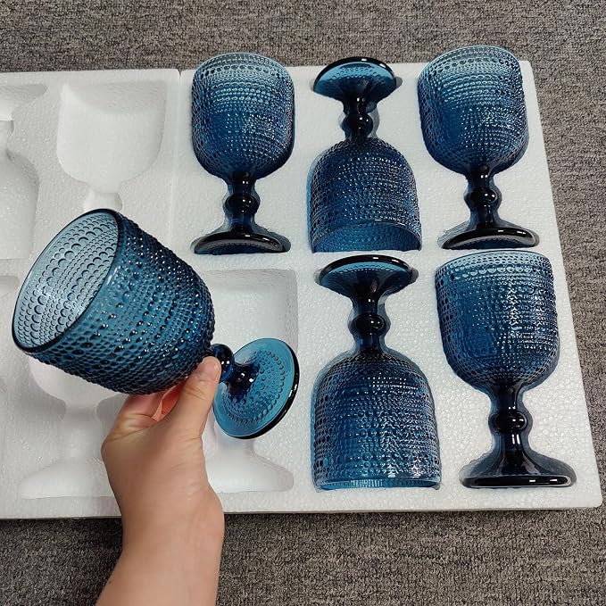 Taganov Glasses Drinking Wine Water Goblets Glassware set of 6 Vintage Stem Glasses Stemware 12 Ounces for Wedding Party Bar Twill Pattern Striped 350 ml (Blue) - Image 2