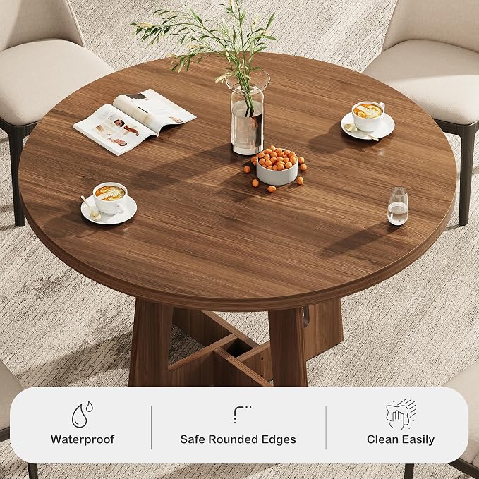 Round Dining Table for 4, Wooden Dining Room Table, Circle Kitchen Table for Home Dining Room Kitchen Living Room (Walnut Brown) - Image 3