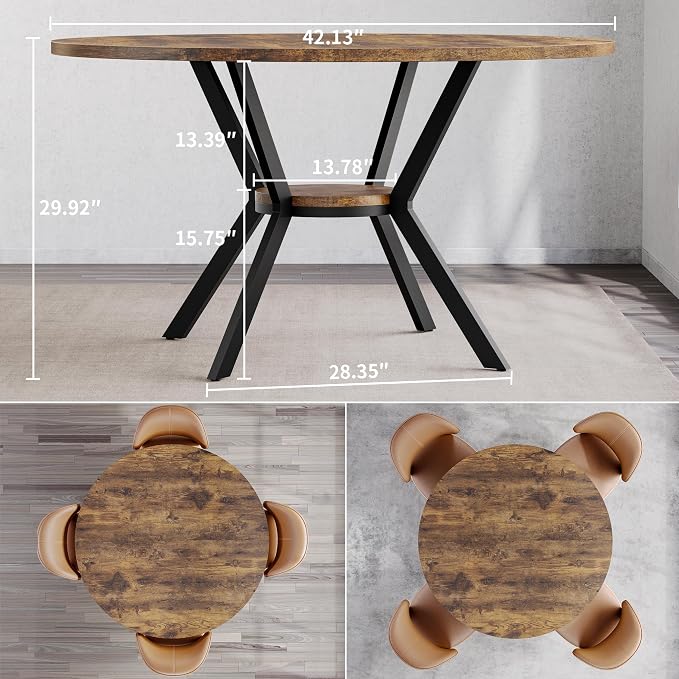 MECHYIN Round Dining Table for 2-4, 42 Inch Wood Kitchen & Dining Room Tables with Storage, Circle Dinner Table with Metal Legs, Space Saving Small Table for Dining Room, Kitchen, Rustic Brown - Image 2